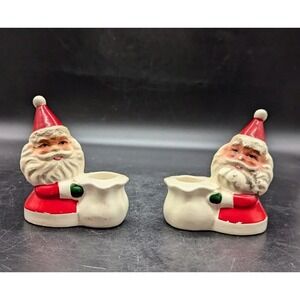 Vintage Pair of Brinn's Ceramic Santa Claus Taper Bag Candle Holder‎ Japan 4"